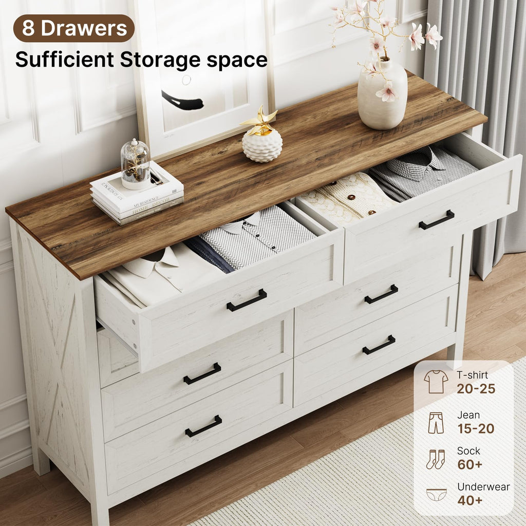 Farmhouse 8 Drawer, 55 Inch Wide Wood Rustic Chest of Drawers with X-Marking & Bar Handle, Large Storage Dressers