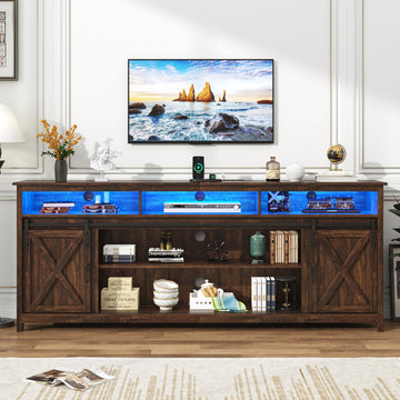 LED Farmhouse TV Stand for 90/85 inch TVs, Rustic Entertainment Center TV Cabinet Stands with Power Outlets, Brown