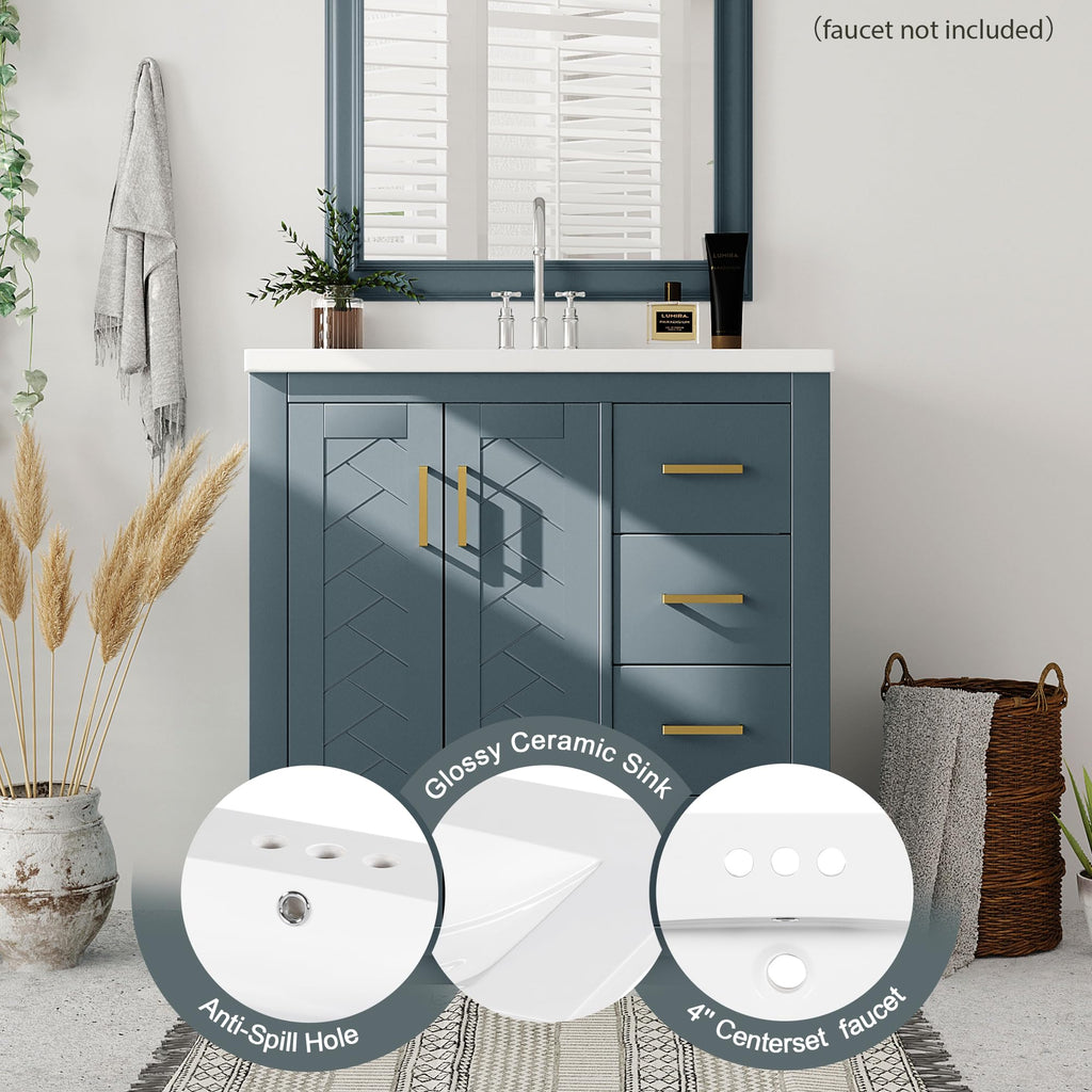 30 Inch Blue-Grey Bathroom Vanity with Sink & Gold Handles, Light Luxury