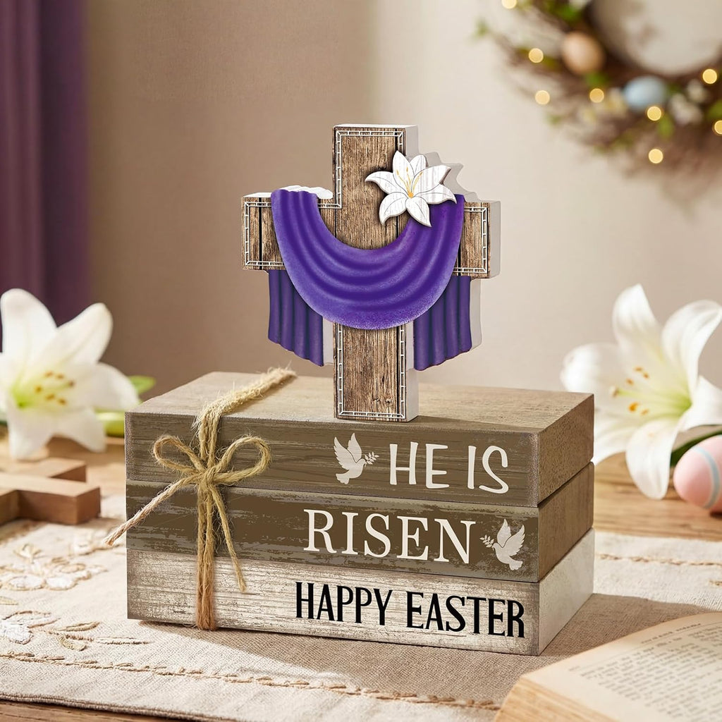 Easter Decorations He is Risen Wooden Sign Christian Table Centerpiece Religious Cross Tiered Tray Decor - Set of 4