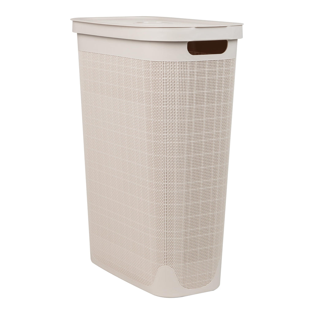Slim Laundry Hamper with Lid, 40L Clothes Basket, Linen Design, Plastic, Ivory