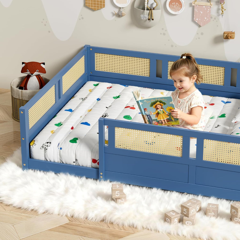 Floor Bed with PE Rattan High Fence, Wood Montessori Bed Frame with Slats for Children Girls Boys, Mist Blue