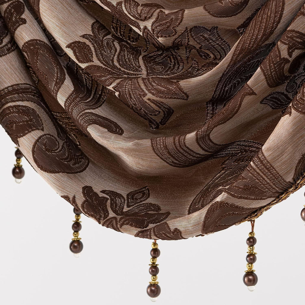 Window Valances, Jacquard Damask Luxury Valance Curtains for Windows, Chocolate Brown Rod Pocket Waterfall Valance