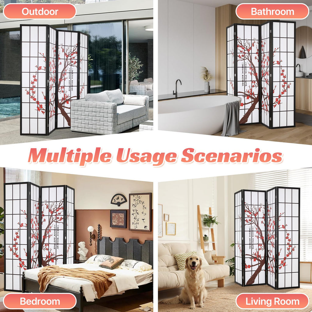 Japanese 4-Panel Screen Room Divider, 6Ft Folding Privacy Divider, White