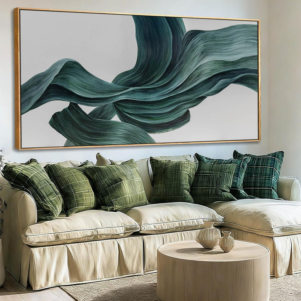 Green Abstract Canvas Wall Art, Large Framed Artwork with Wooden Frame, Pictures Wall Decor, Contemporary