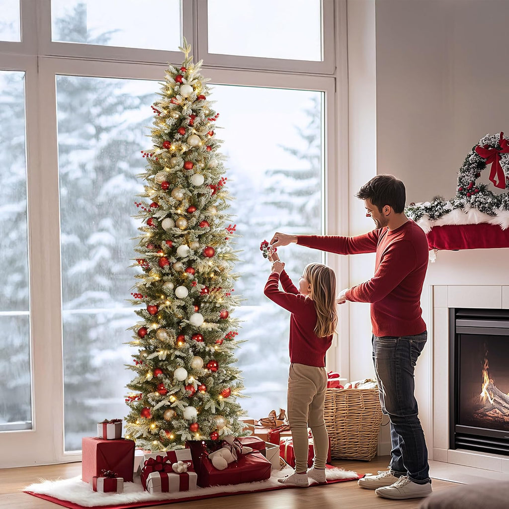 Pre-Lit Slim Christmas Tree with Remote & Color/Warm White 500 LED Lights, 2300 PE/PVC Tips, Snow Flocked