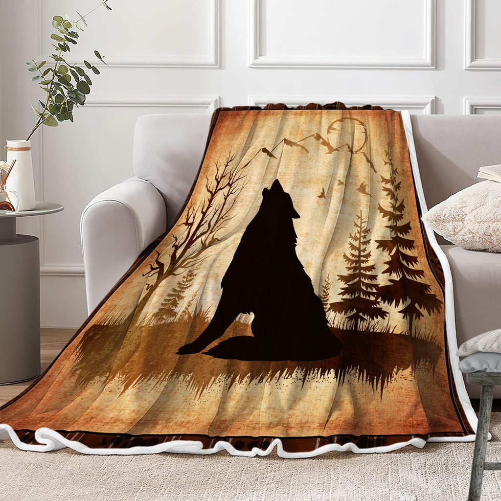 Wolf Rustic Cabin Flannel Fleece Throw Blanket, Wild Animal Lodge Bed Blanket Nature Wildlife Bear Fuzzy Blankets for
