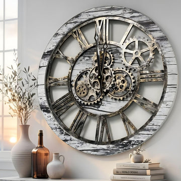 The Original Real Moving Gear Wall Clock Vintage Industrial Oversized Rustic Farmhouse (24 inch (60cm), Vintage Grey