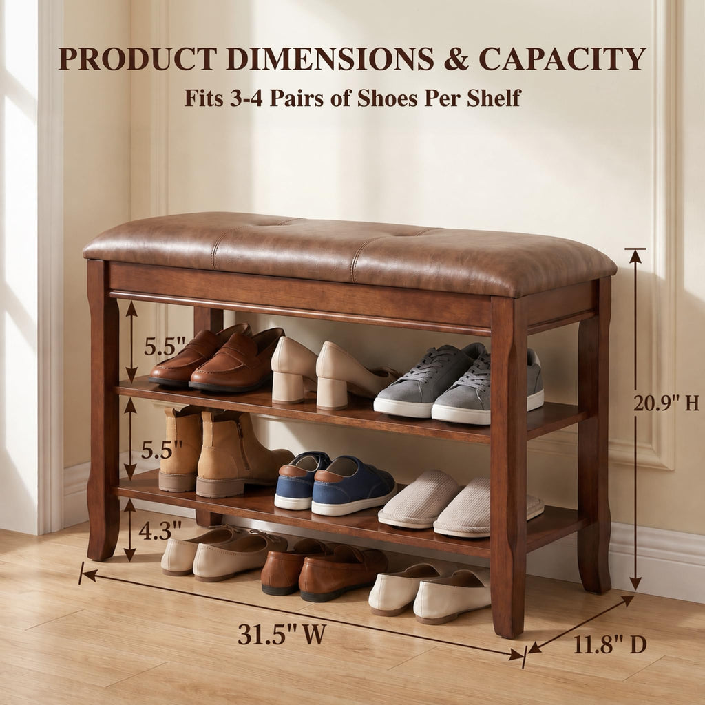 Shoe Rack Bench Solid Wood Shoe Bench Entryway with Leather Cushion 31.5''