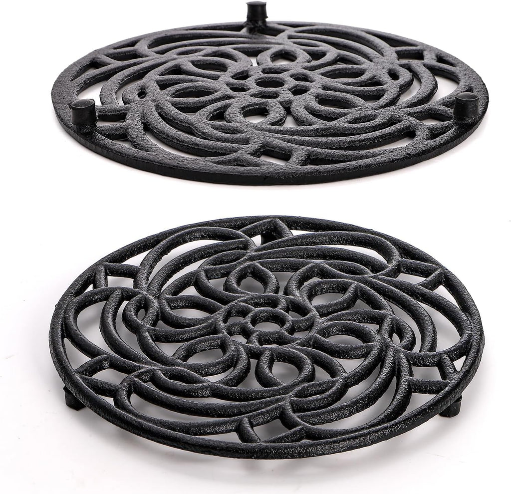 Cast Iron Trivets, 8 Inch Round Sunflower Hollow Out Heat Resistant Pot Holders, Rustproof Metal Hot Pads - Set of 2