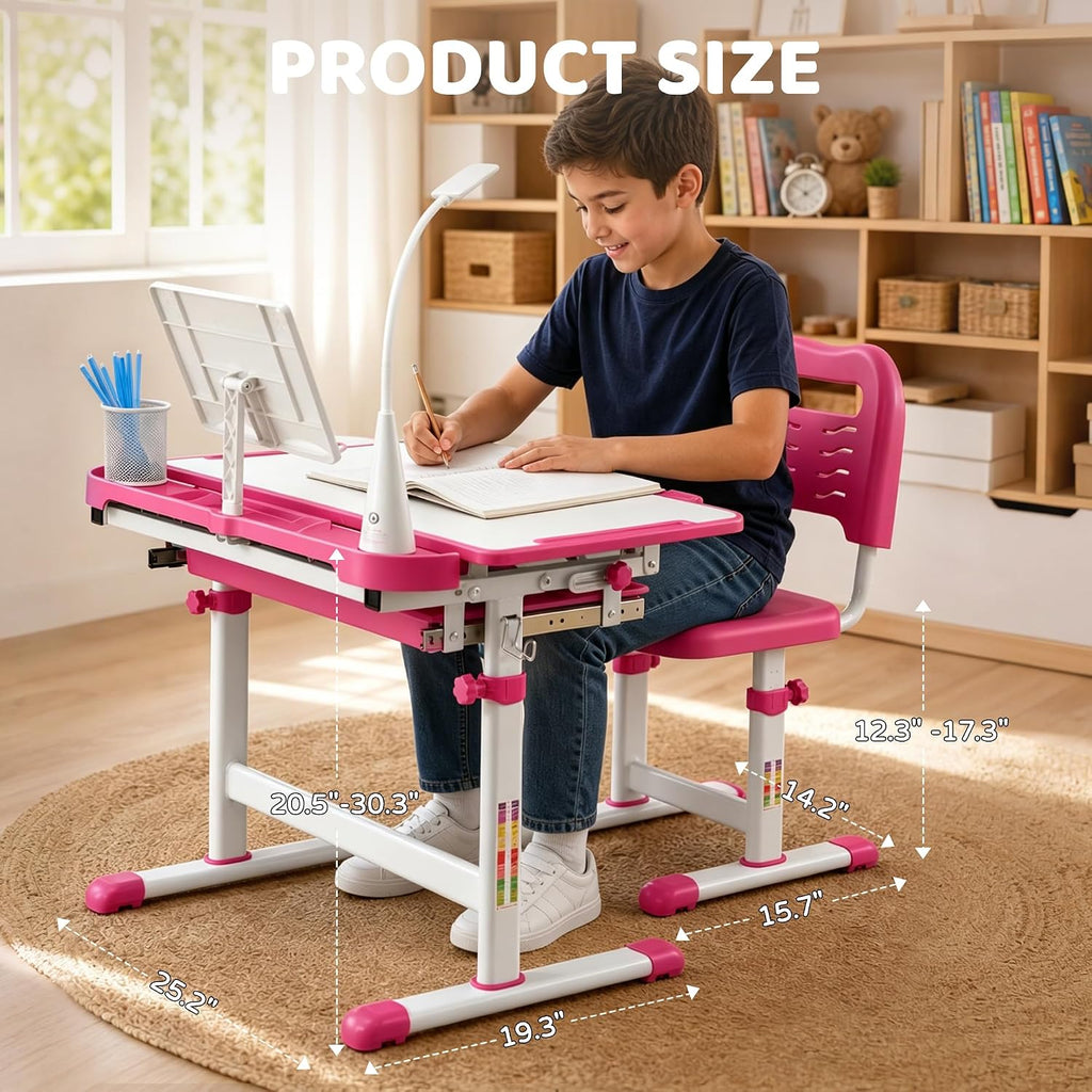 Kids Desk and Chair Set with LED Light, Height-Adjustable for Age 7+