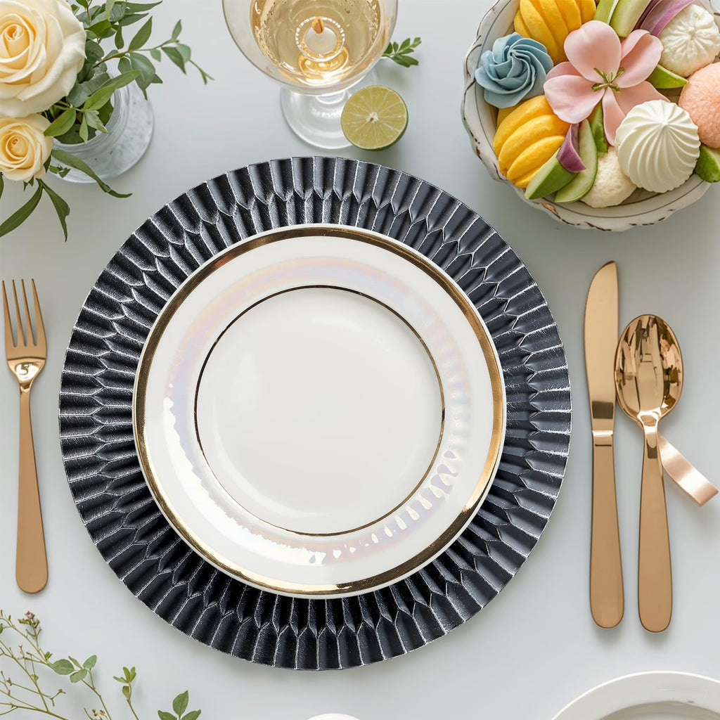 Black Charger Plates Set of 12, 13" Plastic Reusable Chargers for Dinner Plates, Thanksgiving, Christmas Party