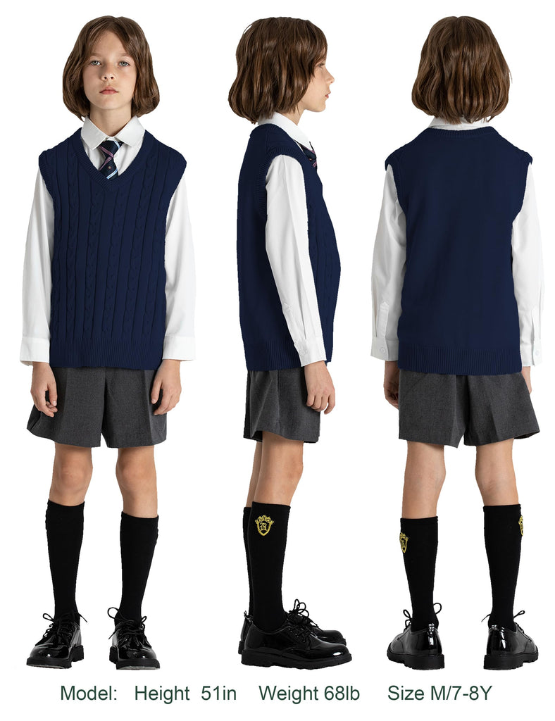 Unisex Cable Knit 100% Cotton Toddler Uniform Vest for Little Big Childrens Kids Teenage Girls Classic Navy