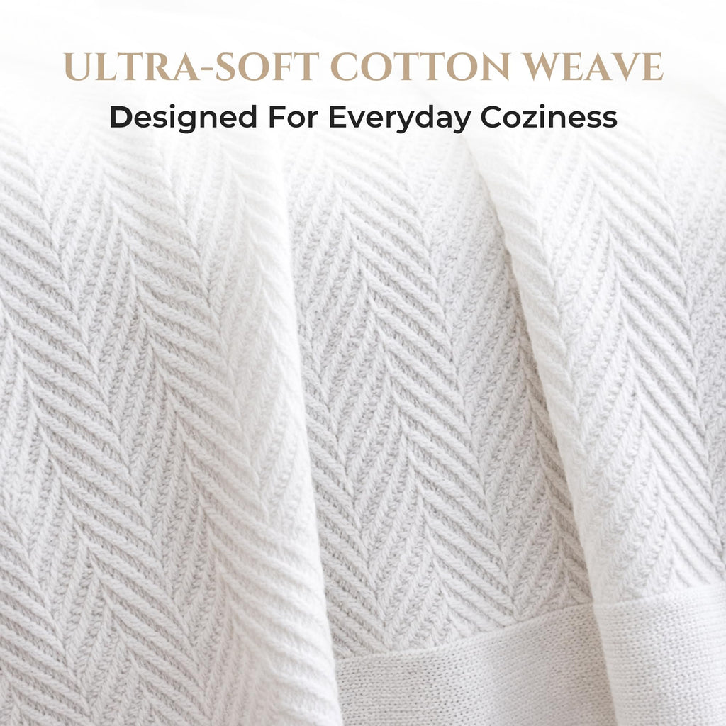 Luxury Cotton Blanket for Queen Size - Breathable Herringbone Blanket, All Season Bed Layering, 350 GSM Cozy Soft