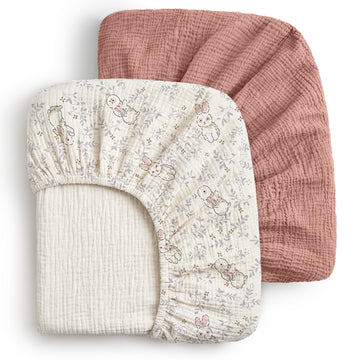 Muslin Crib Sheets, 2 Pack, Blush Bunny Floral & Dusty Pink