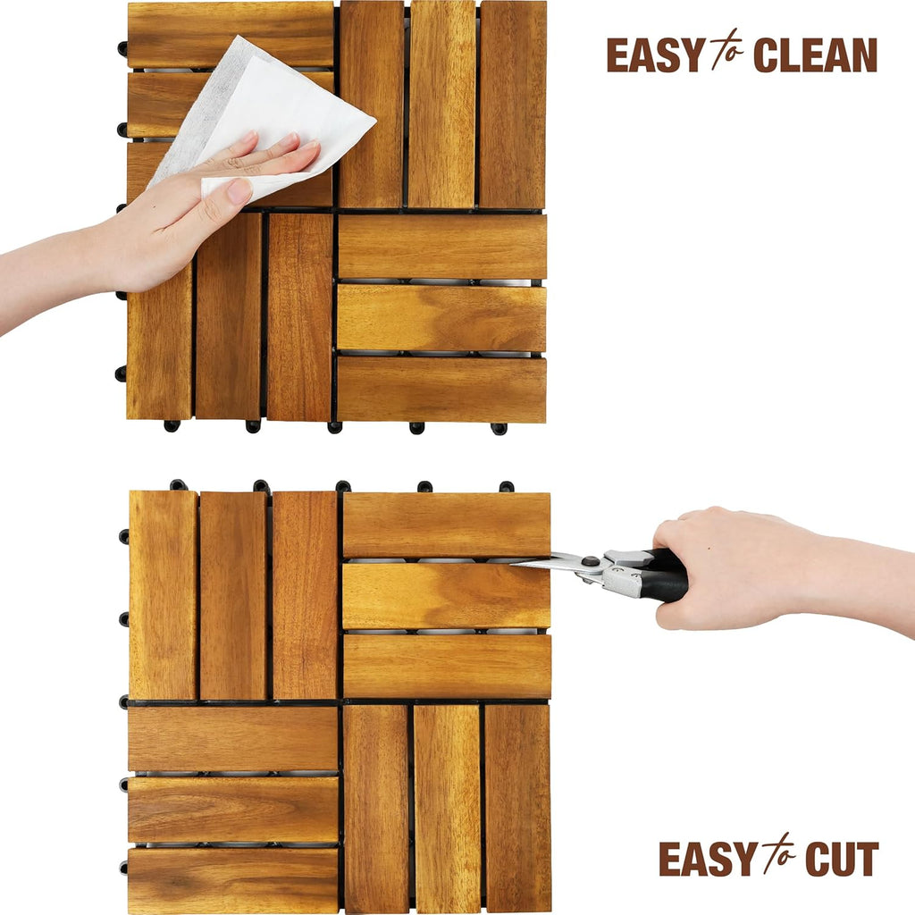 Premium Acacia Wood Interlocking Deck Tiles, 9 PCS 12"x12"x0.9" Patio Flooring, Waterproof Decking Tiles for Balcony