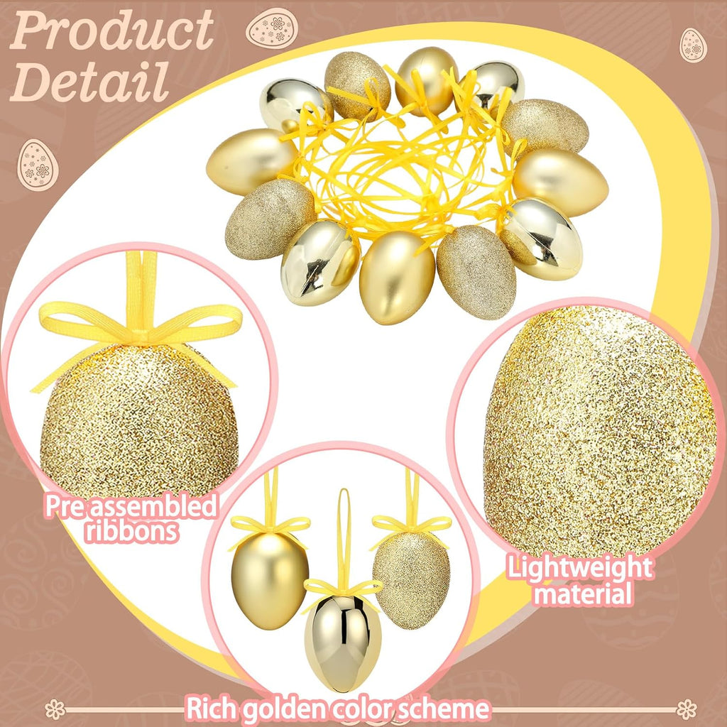 Gold Easter Eggs Tree Decorations Glitter Egg Hanging Ornaments for Easter Basket Home Spring Tree Decoration - Set of 12