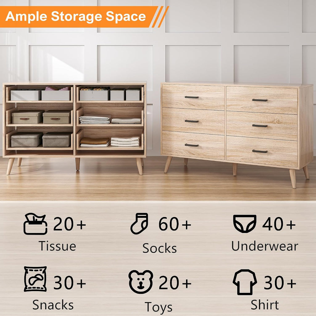 Wood Dresser , 6 Drawer Dresser with Metal Handles, Mid Century Modern Chest of Drawer Large Storage Organizer