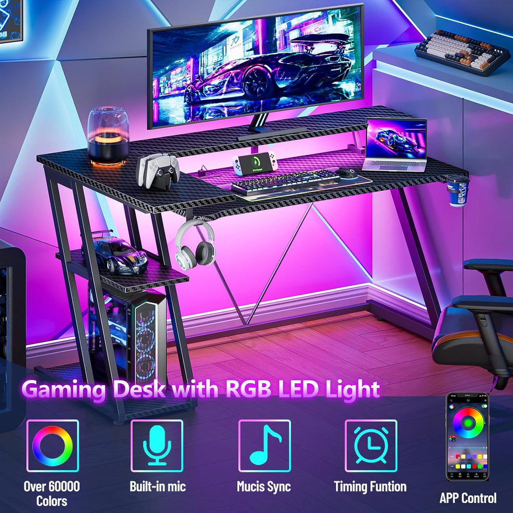 55 Inch Gaming Desk with Power Outlet & LED Lights, L Shaped Gamer Computer Table with Storage Shelves , Corner Home