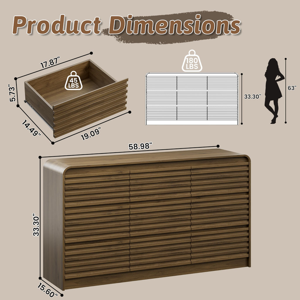 Fluted 9 Drawers Dresser, 59" Wide Chests of Drawers, Walnut