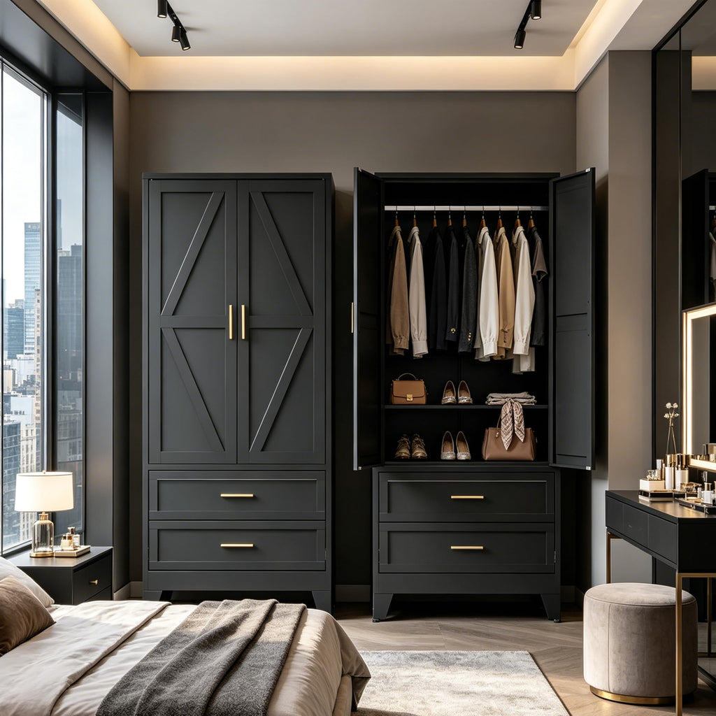 71" H Black Armoire Wardrobe Closet with Drawers, Metal Wardrobe Closet with Doors and Shelves, Tall Wardrobe Closet