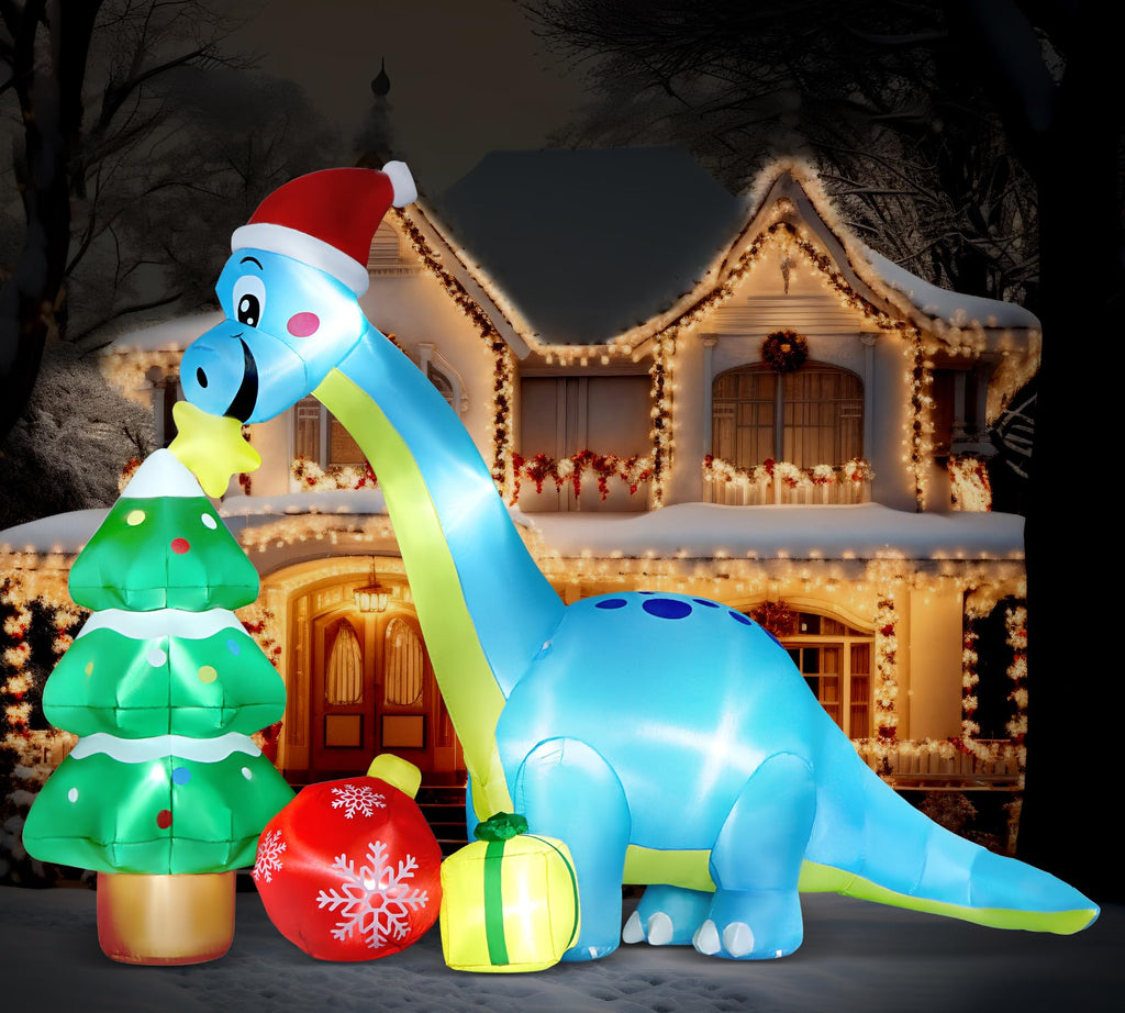 13.6 Ft Long Christmas Inflatable Decorations, Huge Xmas Inflatable Dragon Dinosaur with Trees Gift Hats Decors