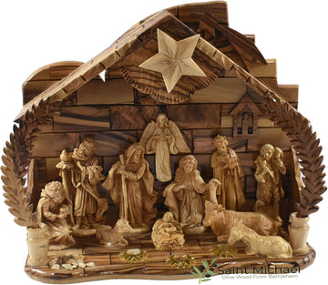 Wooden Bethlehem Nativity Set - Handcrafted Olive Wood Christmas Manger Scene with Music Box - Authentic Holy Land