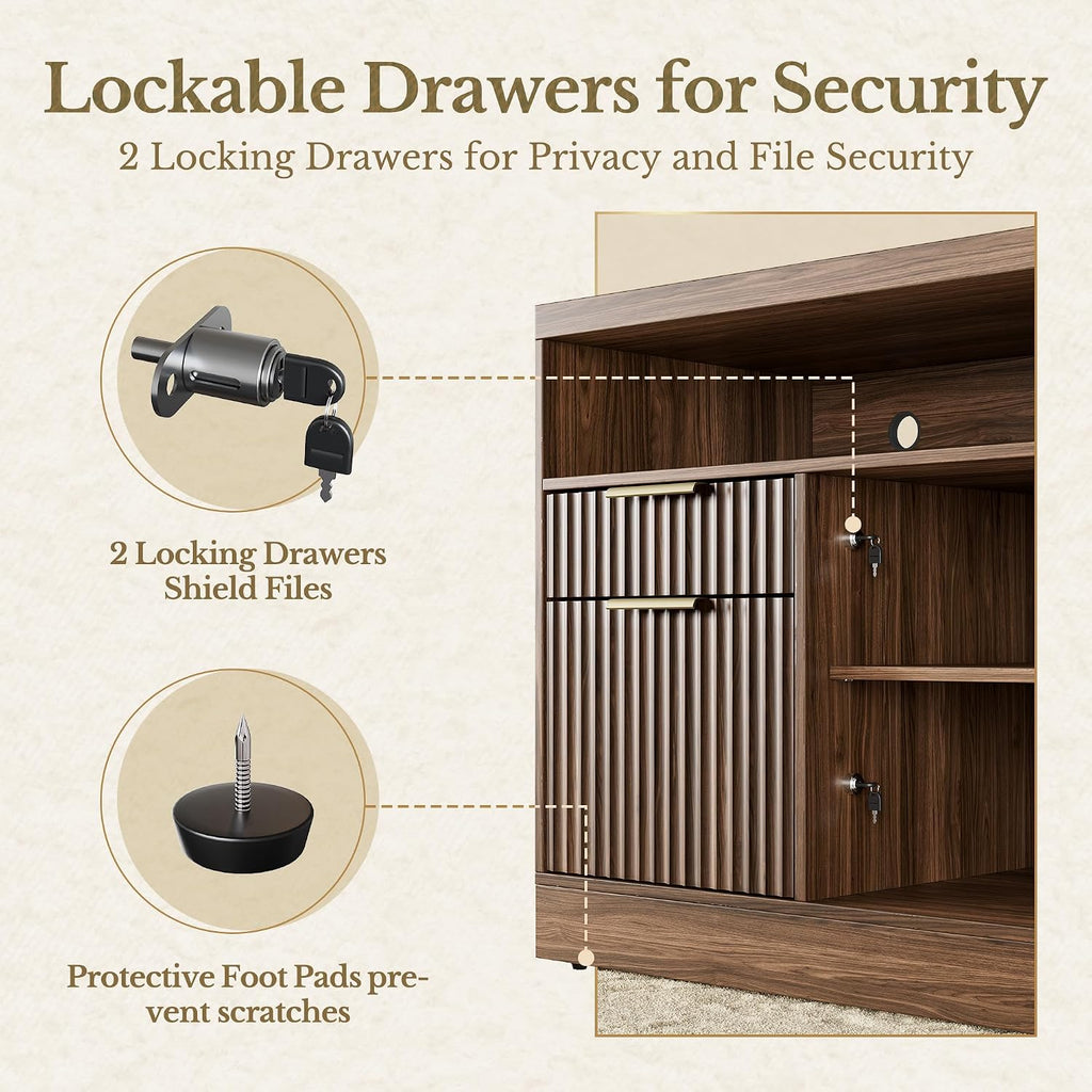 2 Drawer File Cabinet with Lock, Filing Cabinet | Wood Fluted Lateral File Cabinet for Letter/A4 Size, Print Stand