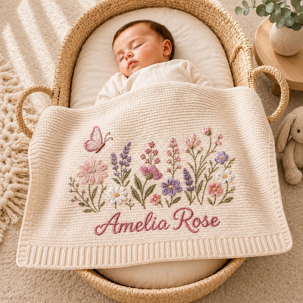 Personalized Knit Baby Blanket, Custom Name Embroidered Wildflower Blanket, Butterfly Baby Girl Keepsake, Newborn Gift