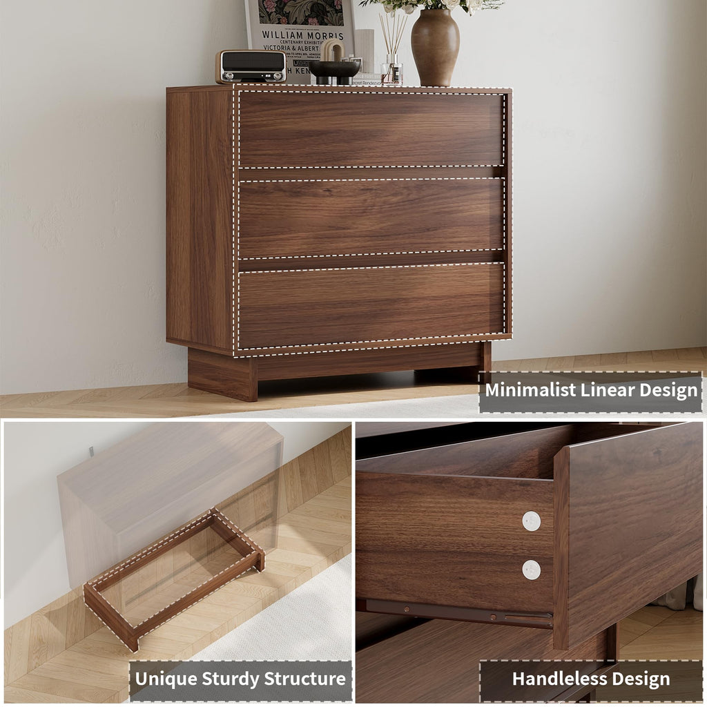 3 Drawer Walnut Dresser, 31.5" Wide Mid Century Modern Dresser