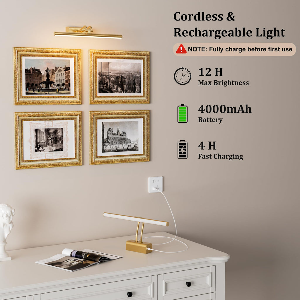 Picture Light for Wall, Gold, RF Remote, USB Charging