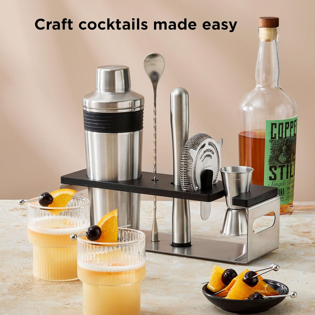6-Piece Bar Tool Set - Stainless Steel Cocktail Shaker with Integrated Strainer, Muddler, Stir Spoon, Double Jigger - Set of 6