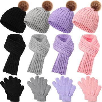4 Sets Kids Winter Hat Scarf Gloves Set for Girls