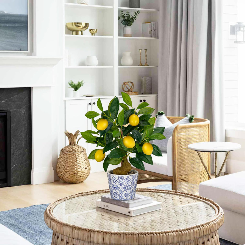 Artificial Potted Plants, 15.7 inches Small Fake Lemon Tree Artificial Lemons Citrus Tree with Blue and White Pot