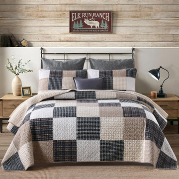 Quilt, Patchwork Plaid Quilt Set/Brown/Beige/Charcoal