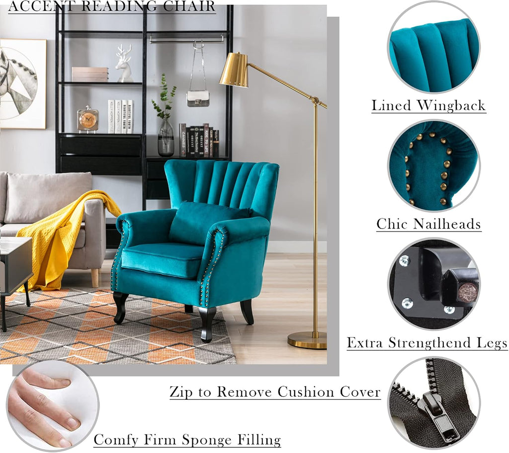 Mid Century Modern Accent Chair Upholstered Armchair Comfy Velvet Fabric Single Sofa with Lined Wingback for Small