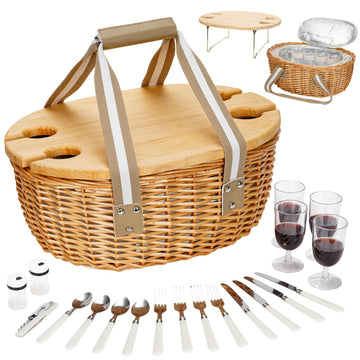 Wicker Picnic Baskets Set for 4 with Wine Table for Family, Beige