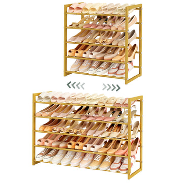 5-Tier Expandable Shoe Rack, Adjustable Shoe Shelf Storage Organizer Space Saving Metal Free Standing Shoe Rack