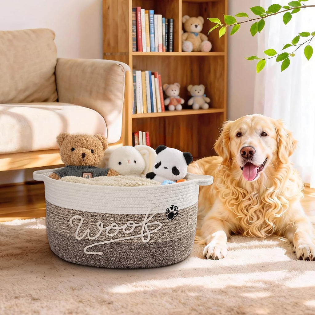 30L Woof Dog Toy Basket with Handles, Large Dog Toy Storage Bin with Paw Print, Woven Dog Basket for Blankets, Toys