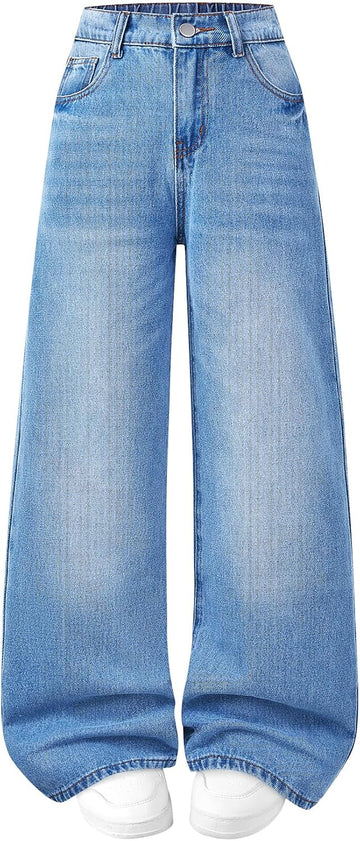 Girls Baggy Jeans Wide Straight Leg High Elastic Waisted Denim Pants Fashion Y2k Boyfriend Skater Streetwear
