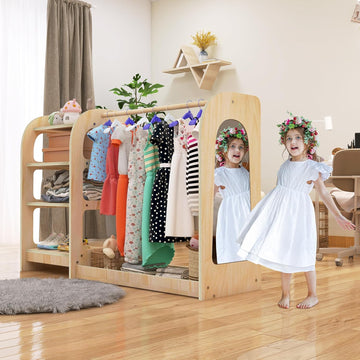 Kids Dress Up Storage with Mirror, Wooden Kids Dress Up Rack for Little Girls and Boys, Kid Wardrobe Closet with