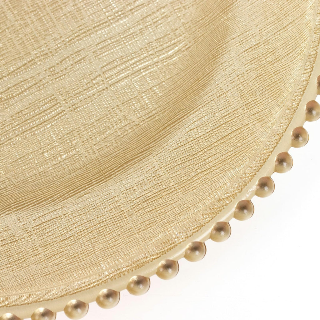 12" Gold Glass Charger Plates with Beaded Rim and Cross-Stitch Pattern; Intricate Textured Underplates