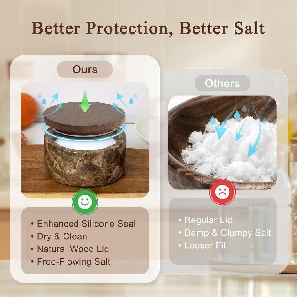 Marble Salt Cellar with Acacia Wood Lid & Spoon Brown 4" salt container