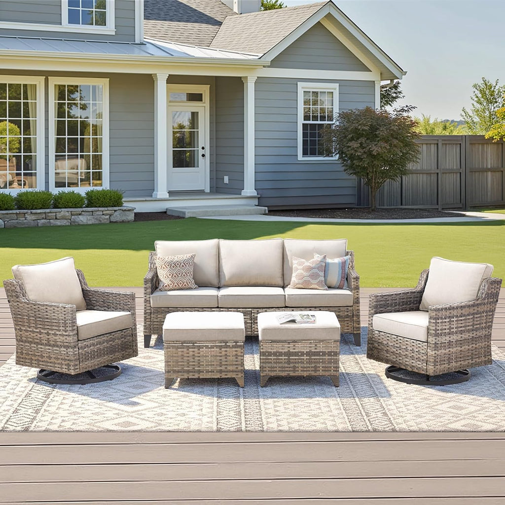5-Piece Wicker Outdoor Patio Furniture Set - Swivel | Grey All-Weather Resistant for Patio, Garden & Porch