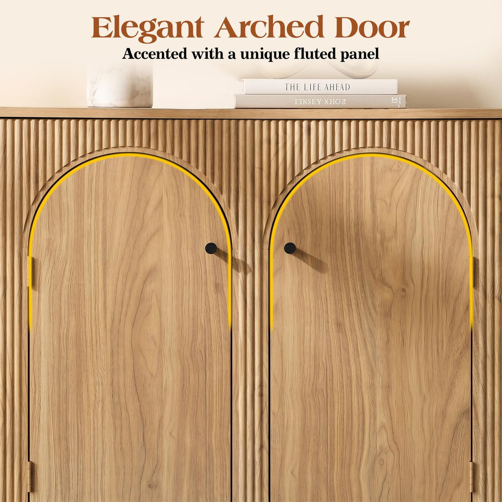 32" Arched Door Sideboard Buffet Cabinet with Storage, Natural Oak