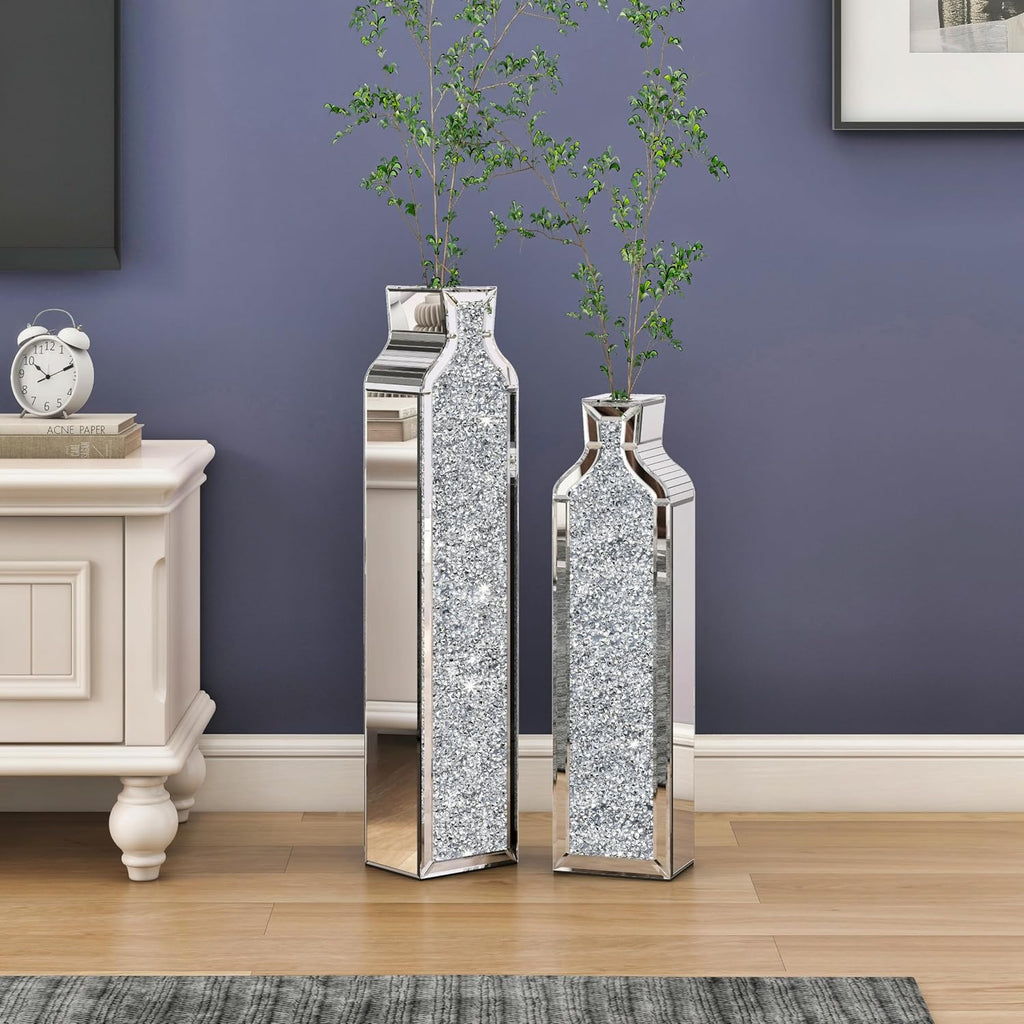 Floor Vase Crushed Diamond Mirrored Vase - Silver Floor Standing Vases Set of 2-24" & 30" Large Crystal Tall Vases