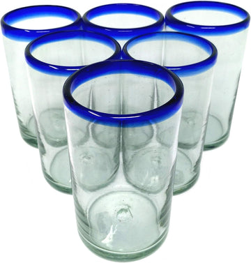 Hand Blown Mexican Drinking Glasses - Set of 6 Glasses with Cobalt Blue Rims (14 oz each)