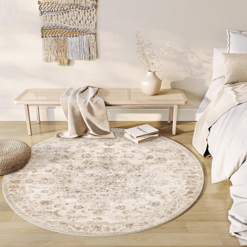 6x6 Washable Neutral Round Rug Beige Vintage Living Room Bedroom Circle Rug Non-Slip Soft Low Pile F