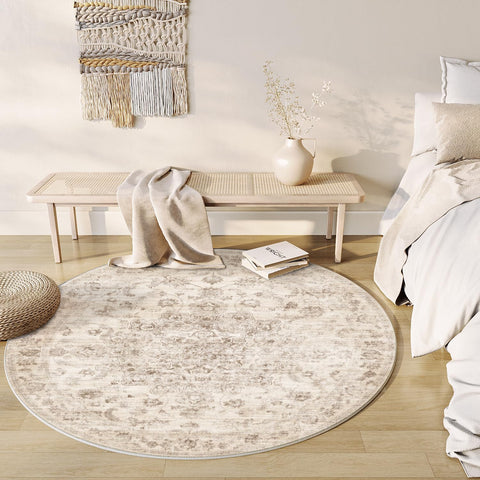 6x6 Washable Neutral Round Rug Beige Vintage Living Room Bedroom Circle Rug Non-Slip Soft Low Pile F