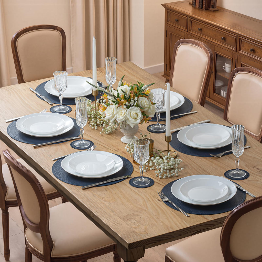 Navy Faux Leather Round Placemats and Coasters, Coffee Mats Kitchen Table Mats, Waterproof, Easy to Clean for Round